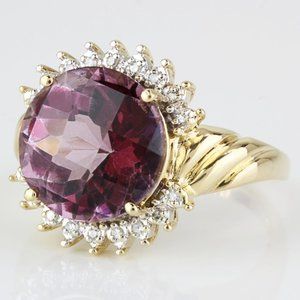 Vintage 14K Yellow Gold Checkerboard Amethyst Diamond Anniversary Cocktail Ring
